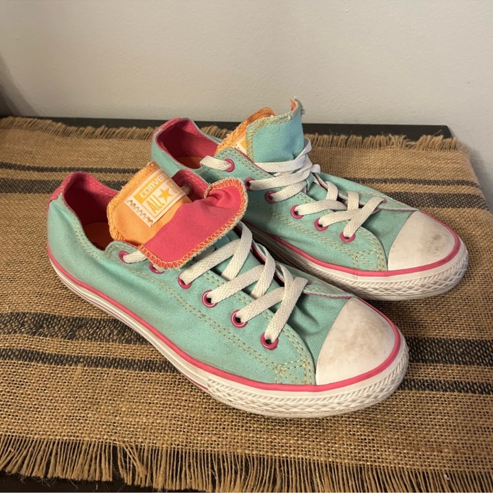Converse Chucks Low Top Double Tongue Sneakers in Teal and Pink
